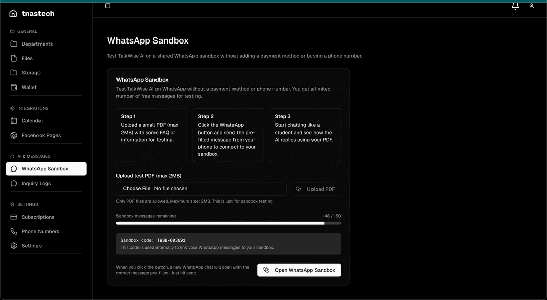 Screenshot of WhatsApp Sandbox inside the TalkWise dashboard